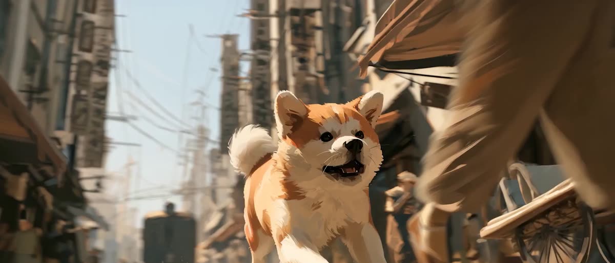 Hachikō running through a 1930s Tokyo street